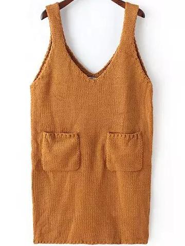 Romwe V Neck Pockets Yellow Sweater Dress