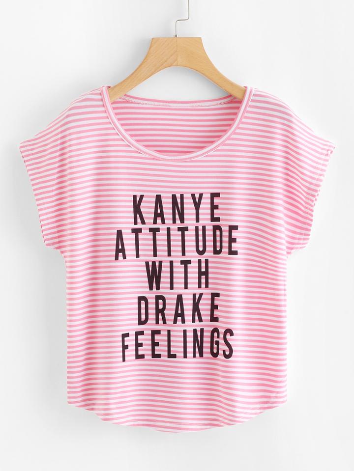 Romwe Letter Print Striped Tee
