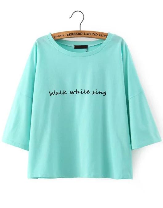 Romwe Letters Print Loose Green T-shirt