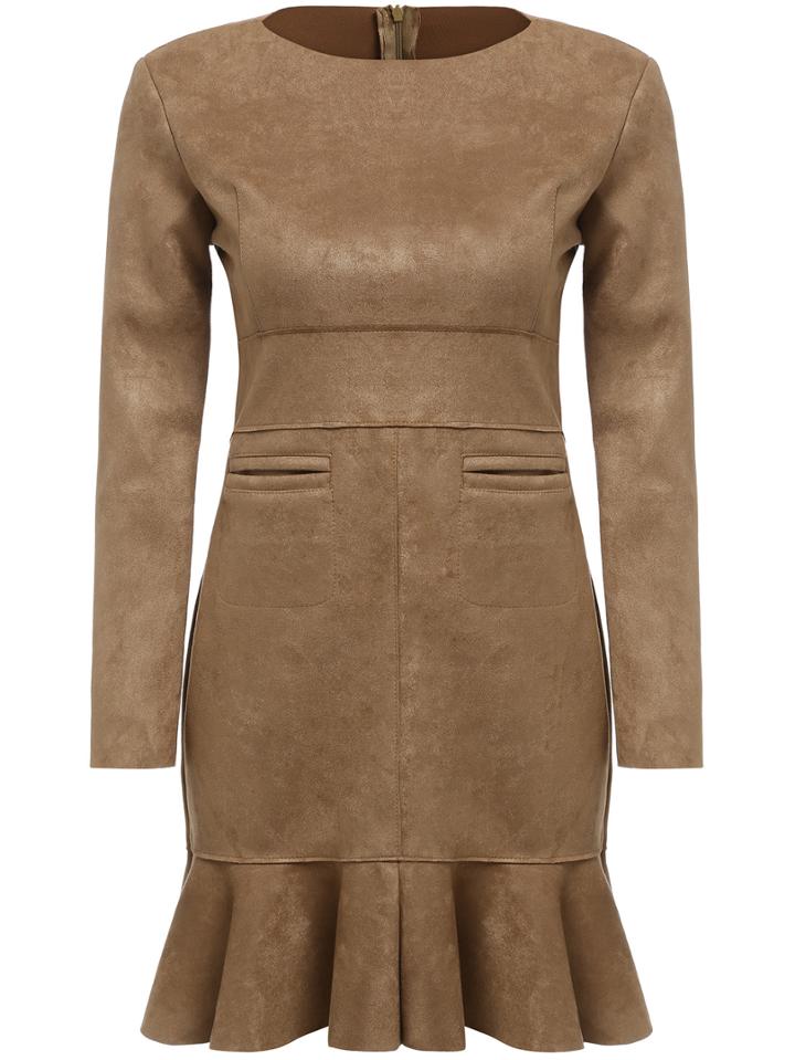 Romwe Long Sleeve Peplum Hem Suede Khaki Dress