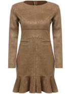 Romwe Long Sleeve Peplum Hem Suede Khaki Dress