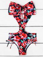 Romwe Calico Print Lace Up Bandeau Monokini