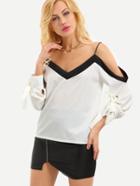 Romwe Contrast Trim Cold Shoulder Tie-sleeve Top - White
