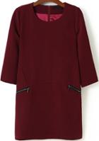 Romwe Wine Red Round Neck Zipper Pockets Dress