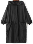 Romwe Black Letter Embroidery Slit Hooded Coat