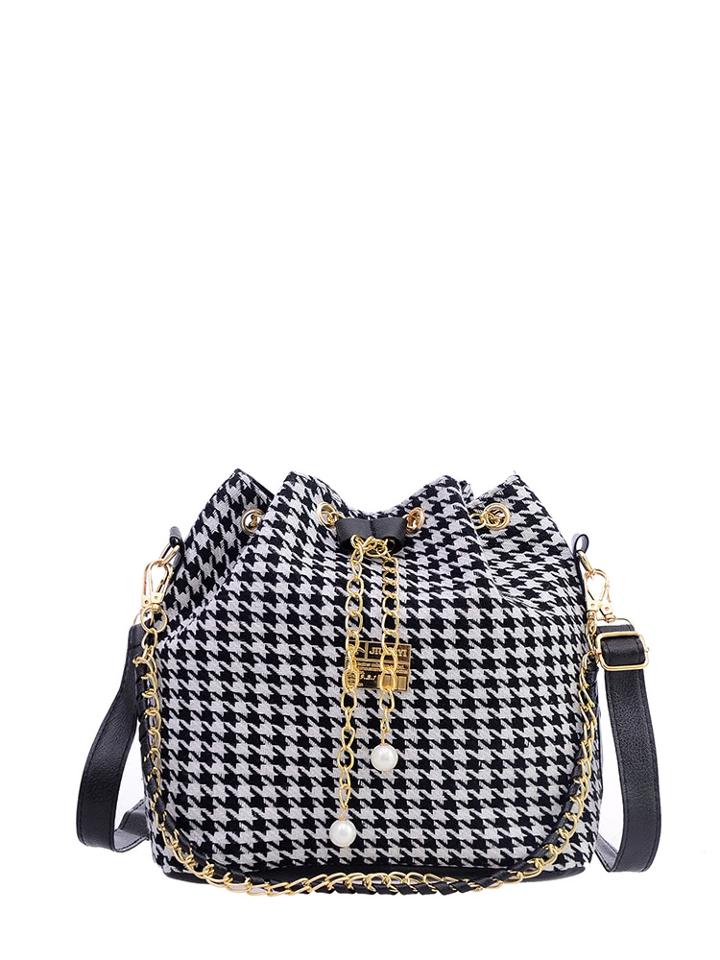 Romwe Houndstooth Print Tassel Drawstring Bucket Bag
