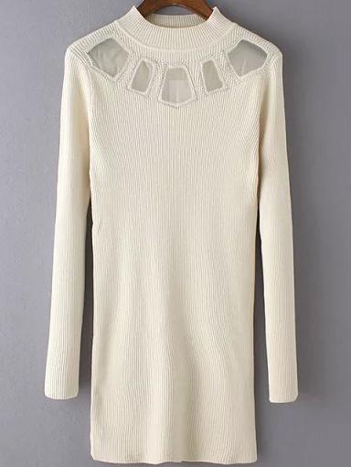 Romwe Mock Neck Beaded Patch Long Apricot Sweater