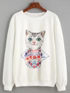 Romwe White Cat Print Sweatshirt
