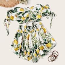 Romwe Lemon Print Shirred Knot Blouse With Shorts