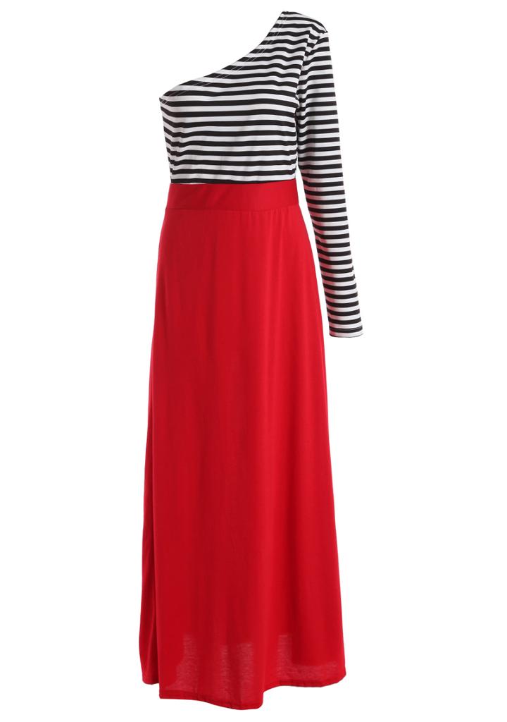 Romwe One-shoulder Striped Maxi Dress