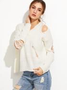 Romwe Beige V Neck Drop Shoulder Ripped Sweater