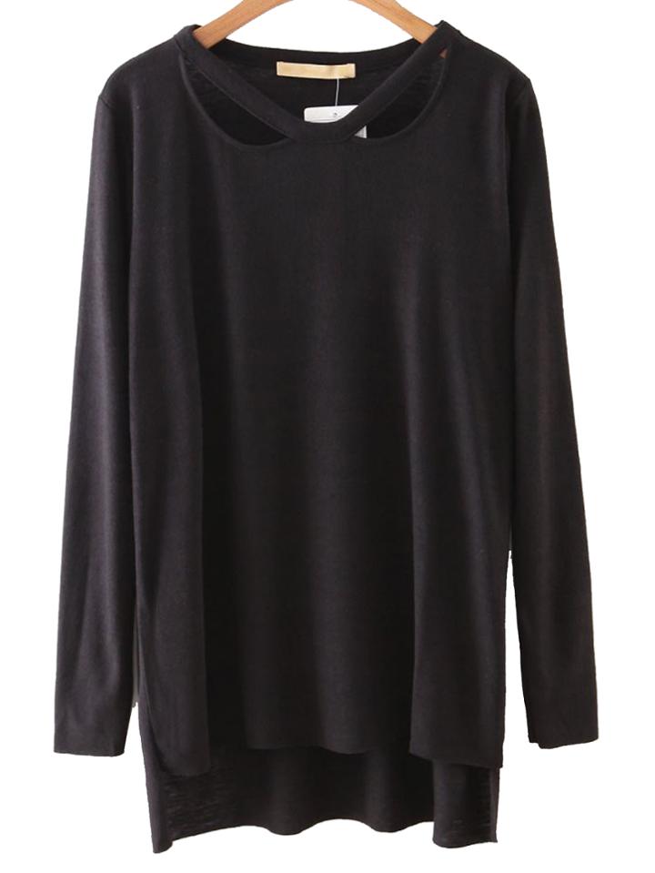 Romwe Black Cutout High Low Plain T-shirt
