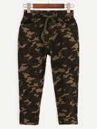 Romwe Drawstring Waist Camouflage 3/4 Length Pants - Olive Green