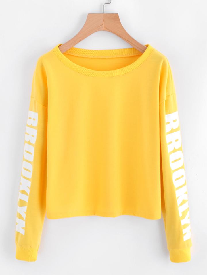 Romwe Drop Shoulder Letter Print Crop Sweatshirt