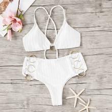 Romwe Ribbed Ring Linked Criss Cross Bikini Set