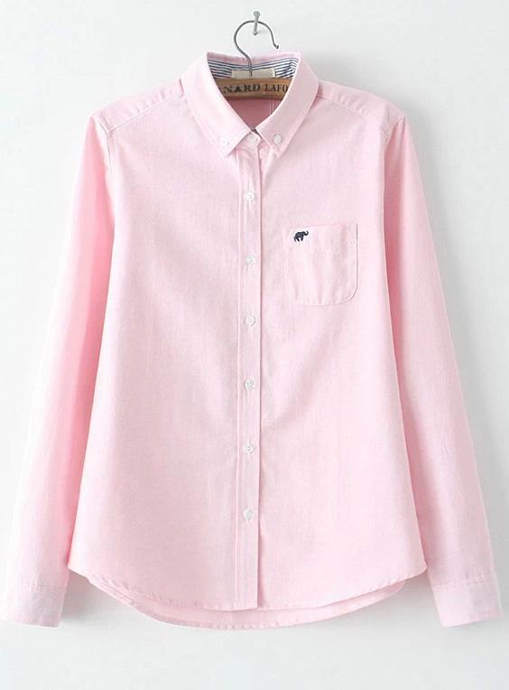 Romwe Pink Lapel Elephant Embroidered Pocket Blouse