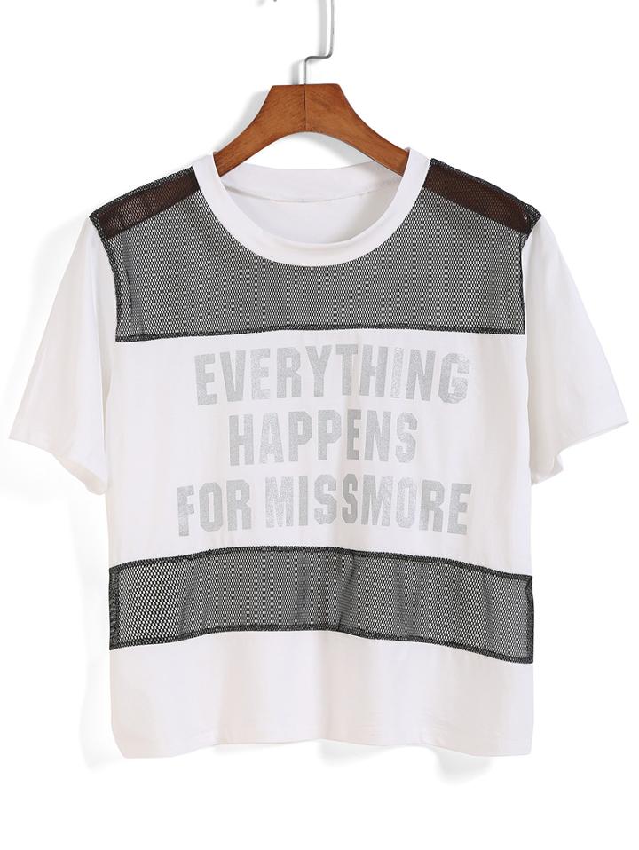 Romwe Contrast Mesh Letter Print White T-shirt