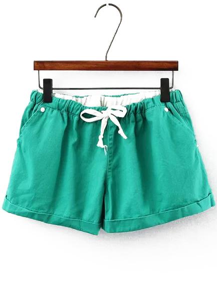 Romwe Drawstring Cuffed Green Shorts