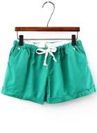 Romwe Drawstring Cuffed Green Shorts