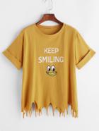 Romwe Yellow Cartoon Print Asymmetric Raw Hem Cuffed T-shirt