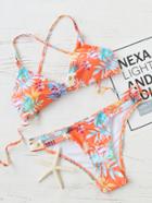 Romwe Orange Floral Print Cross Back Bikini Set