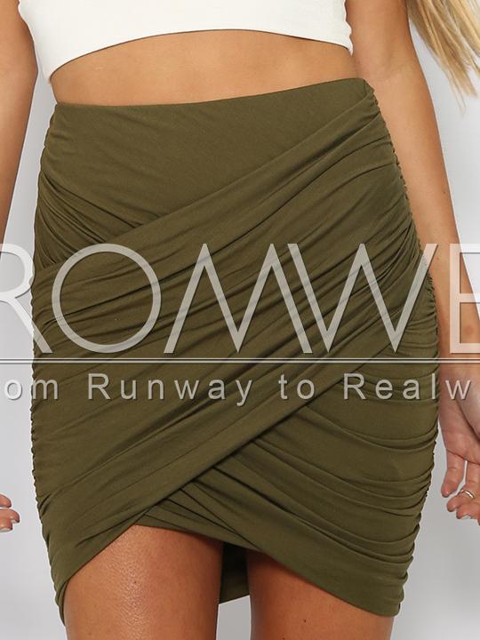 Romwe Army Green Ruched Bodycon Skirt