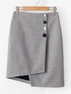 Romwe Button Decor Asymmetrical Plaid Skirt