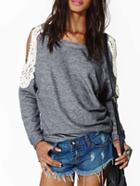 Romwe Grey Off The Shoulder Lace Loose Sweatshirt