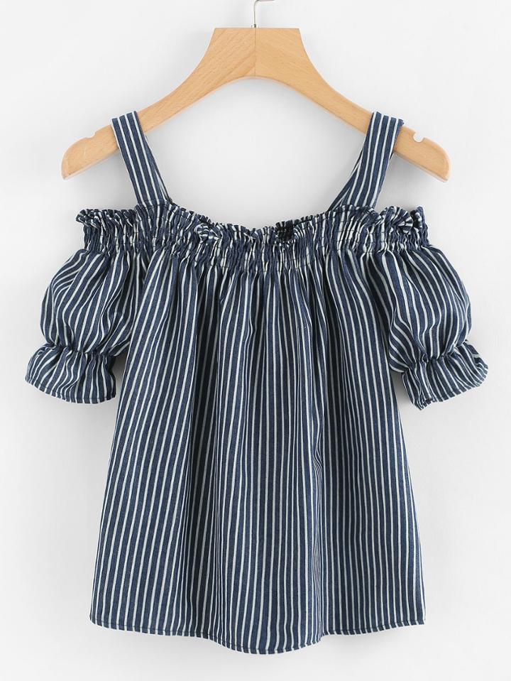 Romwe Open Shoulder Elastic Stripe Blouse