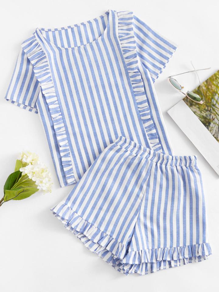 Romwe Frill Hem Stirped Top And Shorts Set