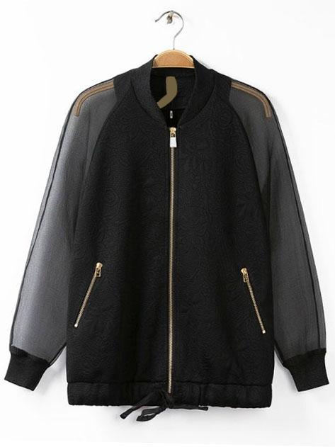 Romwe Black Embroidery Contrast Organza Sleeve Jacket