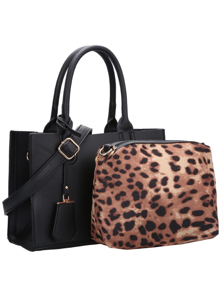 Romwe Black Pu Bag With Leopard Small Bag