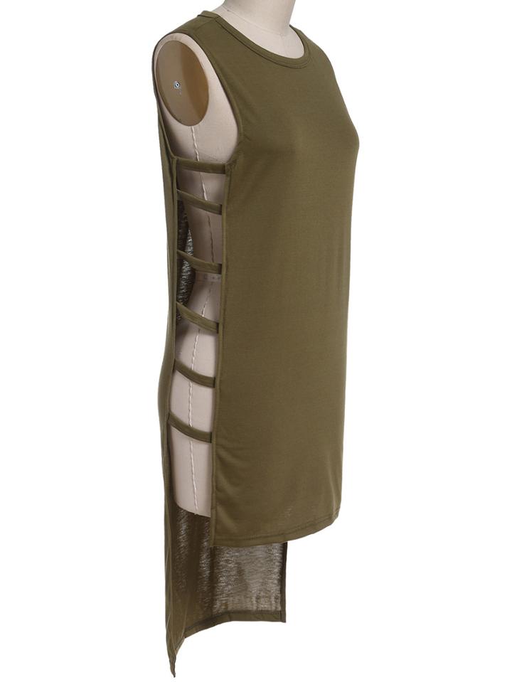 Romwe Sleeveless Dip Hem Hollow Army Green T-shirt