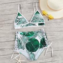 Romwe Random Tropical Contrast Piping Top With Tie Side Bikini