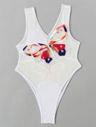 Romwe Embroidery Butterfly Open Back Mesh Swimsuit