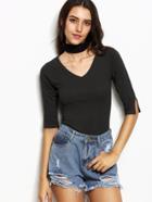 Romwe Black V Neck Slit Sleeve T-shirt With Scarf