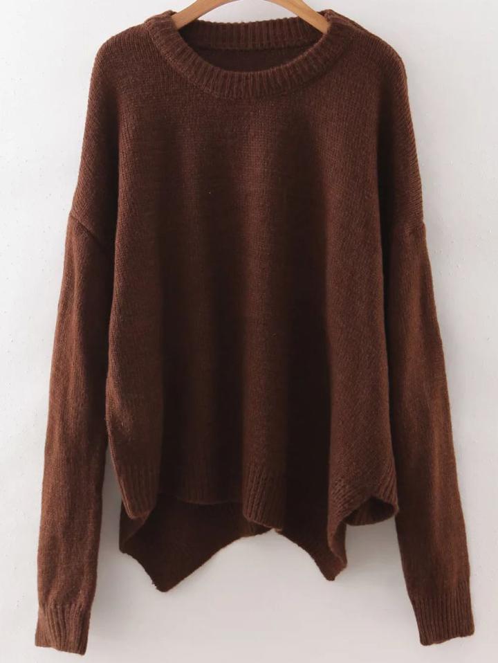 Romwe Brown Ribbed Trim Drop Shoulder Asymmetrical Knitwear