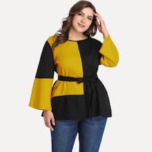 Romwe Plus Contrast Panel Tie Waist Blouse