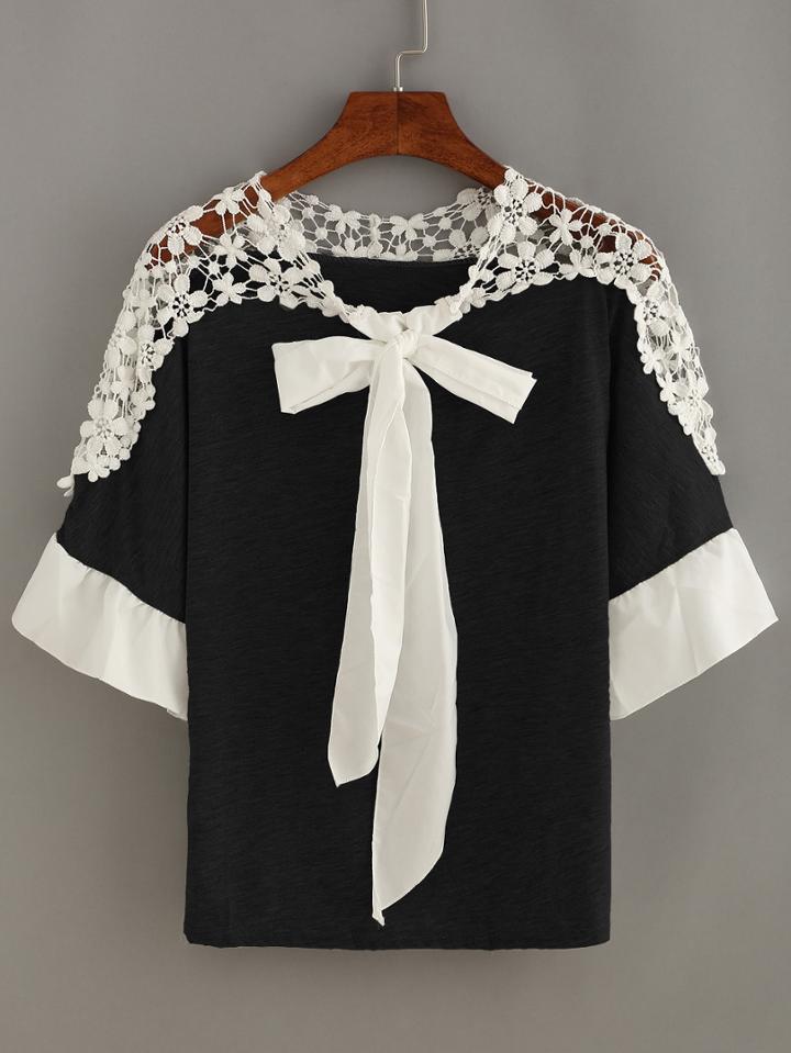 Romwe Contrast Crochet Trim Bow Tie Neck Top