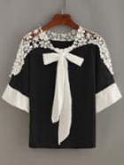 Romwe Contrast Crochet Trim Bow Tie Neck Top