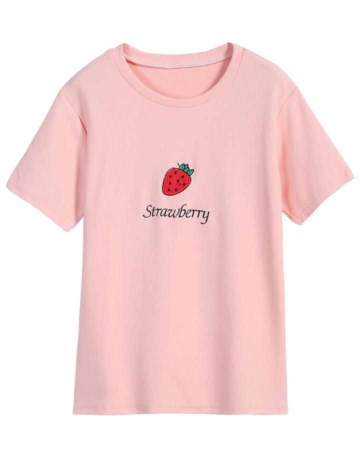 Romwe Strawberry Print Pink T-shirt