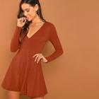 Romwe Plunging Neck Fit And Flare Dress