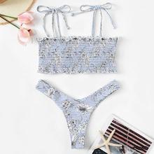 Romwe Random Floral Smocked Top With High Cut Bikini