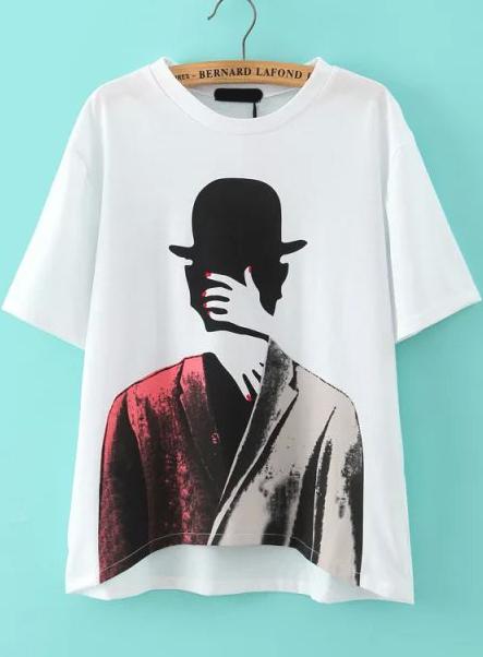 Romwe Dip Hem Portraits Print T-shirt