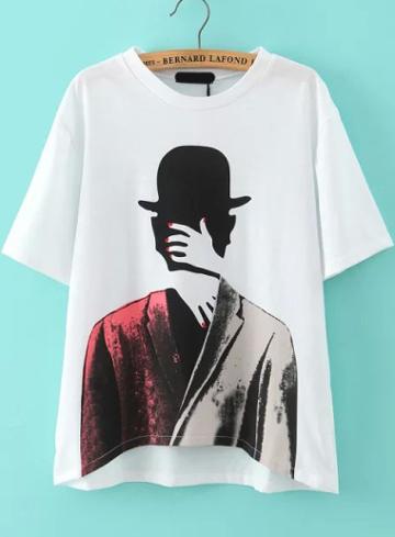 Romwe Dip Hem Portraits Print T-shirt