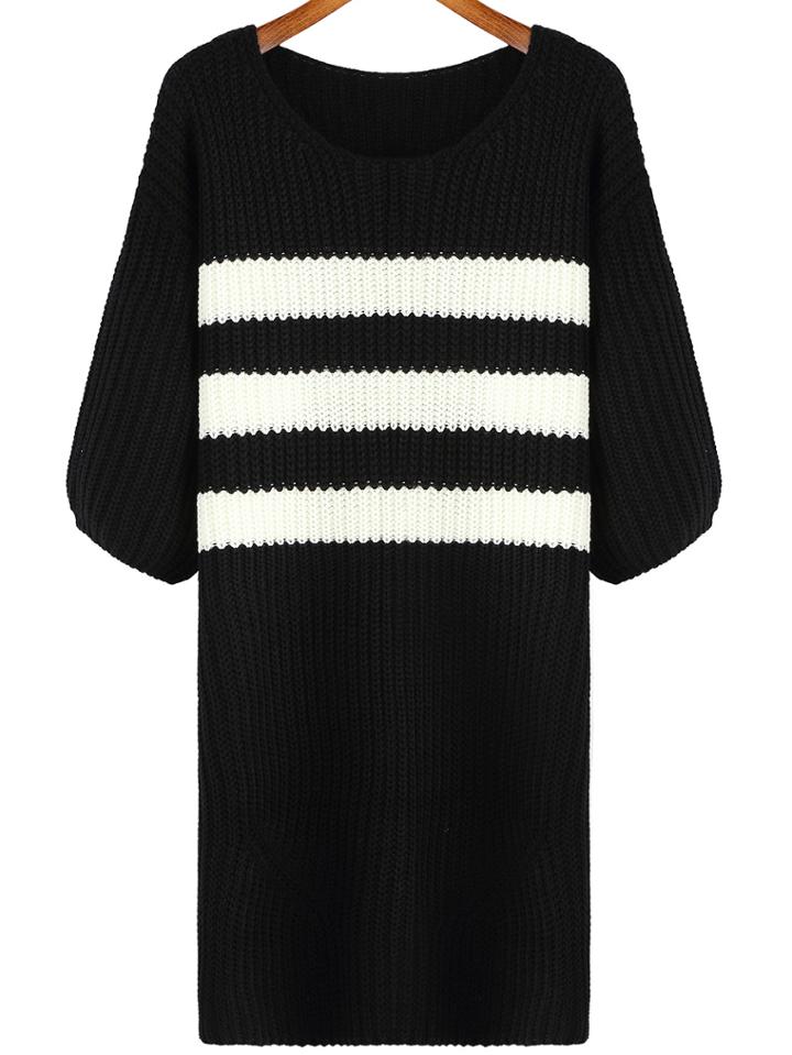 Romwe Striped Long Black Sweater