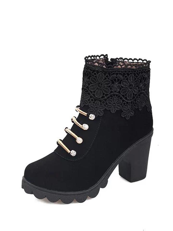 Romwe Ruffle Trim Block Heeled Ankle Boots