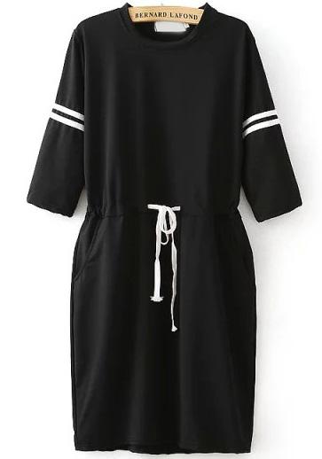 Romwe Black Half Sleeve Drawstring Loose Dress