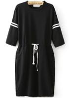 Romwe Black Half Sleeve Drawstring Loose Dress