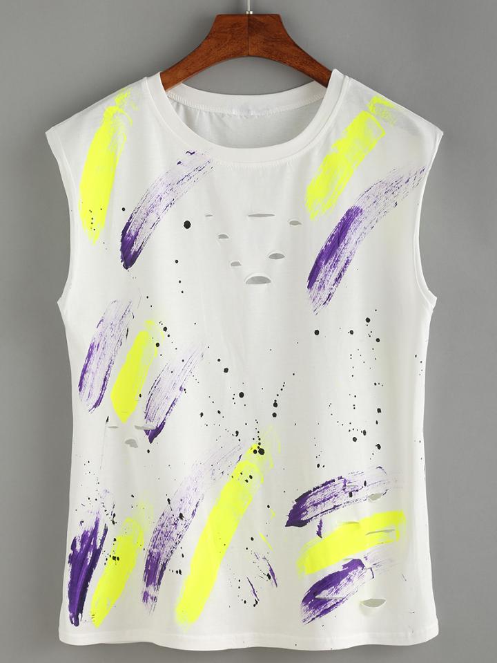 Romwe Brush Stroke Print Cutout Tank Top
